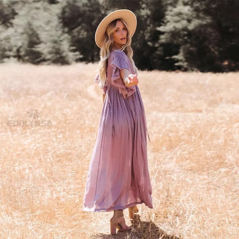 Butterfly Orchid Boho Gauze Button Front Flutter Maxi Dress W/Adjustable Tie - Picture 3 of 12